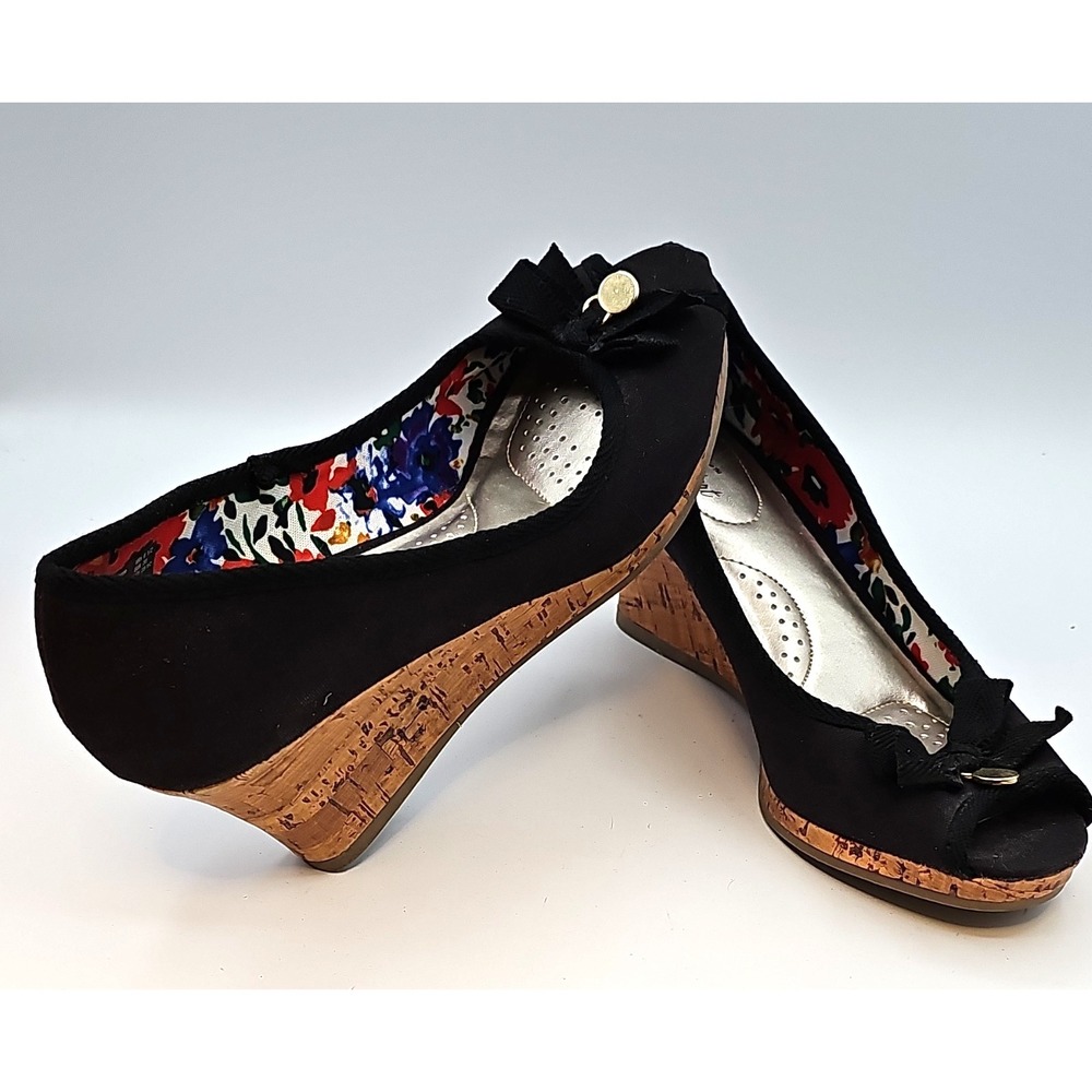Dexflex Comfort Womens Black Canvas Peep Toe Cork Wedge Bow Shoes 6.5
